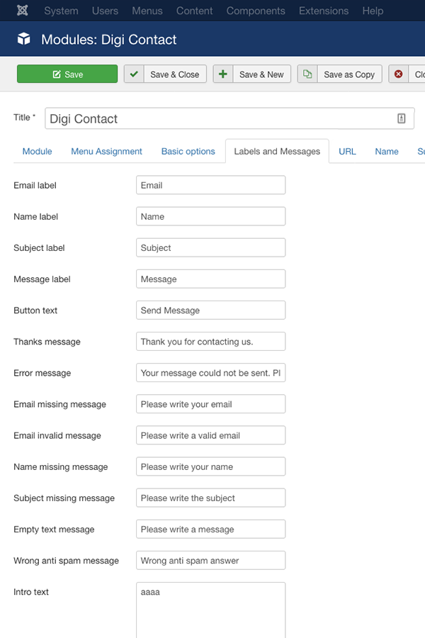 Digi Contact Labels and Messages